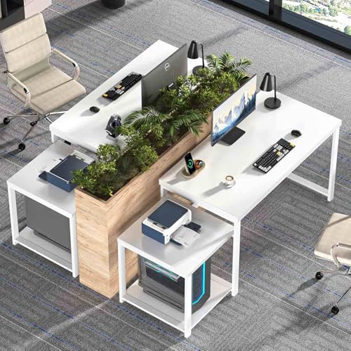 FOLUBAN Large White Computer Desk, Home Office Desk with Printer Space & PC Tower Stand, Modern Study Writing Table Workstation for Living Room Bedroom, 63 Inch - color: White