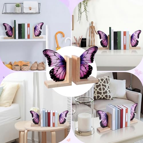 Decorative Butterfly Bookends Wooden Acrylic Butterflys Bookend Modern Bookshelf Decor Accent Book Stopper Decor for Home Farmhouse Shelves Office Lover Gift(Purple Butterfly) - style: Purple Butterfly