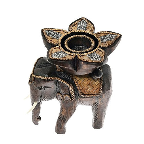 AeraVida Royal Elephant with Flower Candle Holder Rain Tree Wood Handmade | Living Room Candle Décor | Handmade Candle Holders | Living Room Decor | Candle Holder