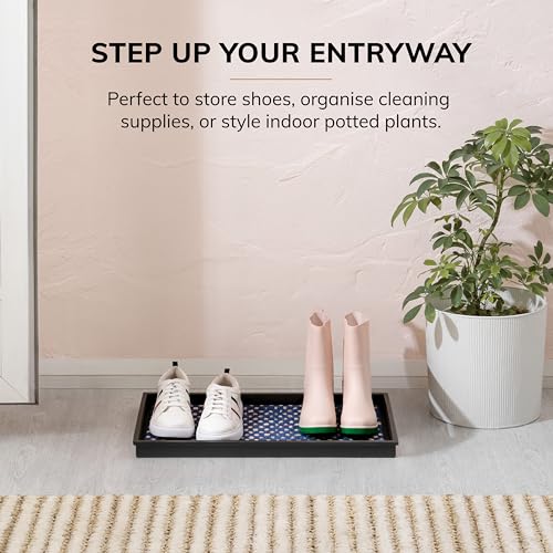 Anji Mountain Heavy Duty Waterproof Rubber Shoe Storage Mat Organizer/Boot Storage Tray Multi Use For Entryway with Coir, Blue and Ivory Insert, Fits 2 Pair (24.5" Wide) - color: Blue and Ivory, size: 24" x 14" x 1.5"