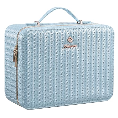 Leather Makeup Case with LED Lighted Mirror 11.4 Inch Travel Makeup Bag Adjustable Brightness in 3 Colors Cosmetic Organizer Artist Storage Bag with Dividers Brush Holder Bag Vanity Shiny Blue - color: ZB-Shiny Blue 11.4 Inch, size: 2-Medium