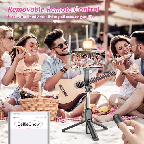 Selfie Stick Tripod with Fill Light, All in One Extendable Selfie Stick with Detachable Wireless Remote, Flexible Phone Tripod Stand Compatible with iPhone/Galaxy, Compact Size & Lightweight - style: Black & With Light