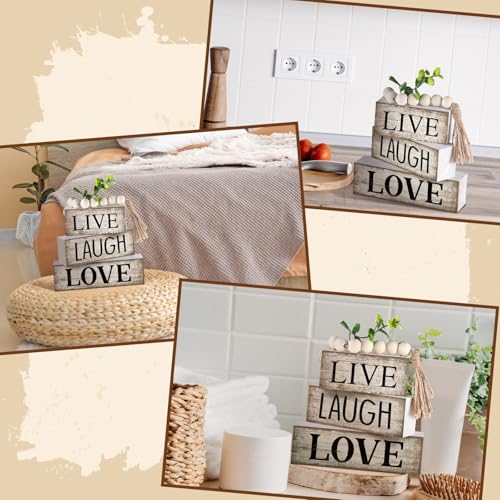 Yuntau 5 Pcs Rustic Farmhouse Tiered Tray Farmhouse Fake Books Decoration Life Laugh Love Wooden Tabletop Decor Love Block Decor Wood Block Sign Gift Centerpiece for Shelf Coffee Mantle Kitchen Table - style: Love