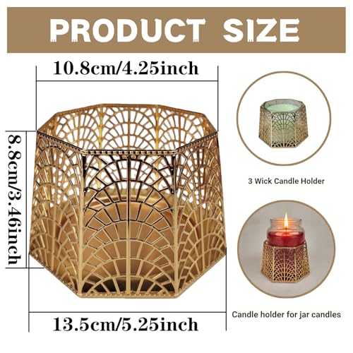 3 Wick Candle Holder, Golden Shell Design Candle Jar Holder for 4-Inch Diameter Jars (5.25" D x 3.5" H) (Golden) - color: Golden