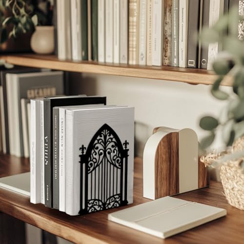 Peacoblue Metal Bookends for Shelves, Modern Decorative Heavy Duty Study Book Support Stoppers for Office, Desk, Shelf, Room 5.3"x4.3"x7.3" Cast Iron Simple Tall Bookends, 1 Pair (Gothic Gate) - style: Gothic Gate