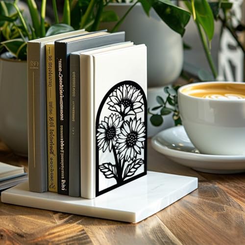Peacoblue Metal Bookends for Shelves, Modern Decorative Heavy Duty Study Book Support Stoppers for Office, Desk, Shelf, Room 5.3"x4.3"x7.9" Cast Iron Simple Tall Bookends, 1 Pair (Sunflowers) - style: Sunflowers