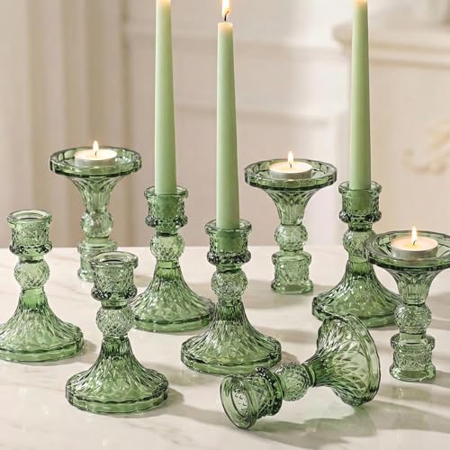 Glass Candle Holder Set of 12, Green Taper Candle Holders Bulk, Vintage Candlestick Holders, Candle Stick Holder for Table Centerpieces, Wedding, Festival & Home Decor - color: Green