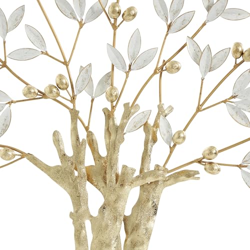 Deco 79 Metal Tree Decorative Sculpture Metallic Home Decor Statue with White Leaves, Accent Figurine 23" x 3" x 24", Gold