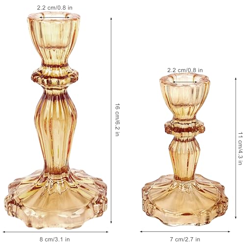 Glass Candlestick Holders Set of 3, Amber Stripe Taper Candle Holders for Table Centerpiece, Home Decorations, Wedding and Party - color: Amber