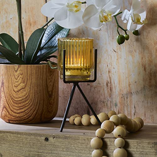 Elements 3.94x3.94x6.89 Inch Gold Glass and Black Metal Stand Candleholder, for Use with a Wax or Flameless Tealight Candle