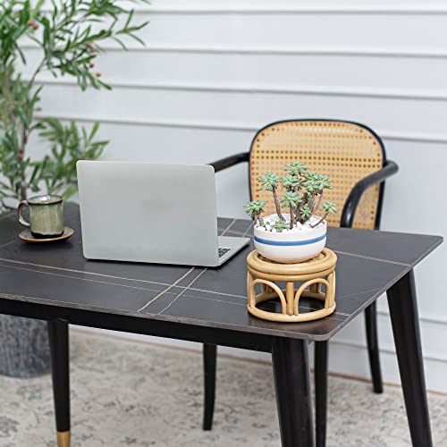 Set of 2 Small Boho Rattan Wicker Round Riser Plant Stand Indoor,Rustic Farmhouse Natural Wooden Circle Pedestal for Decor & Display, Tabletop, Office Decor - size: 6.0" & 8.0"