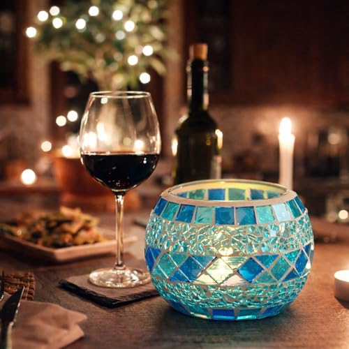Votive Candle Holder Tea Lights - Glass Candle Holders, Mosaic Tealight Candle Holder, Candle Jar Cup for Wedding Centerpiece Party Table Decorations, Valentines Day Decor - color: A - a - Romantic Blue