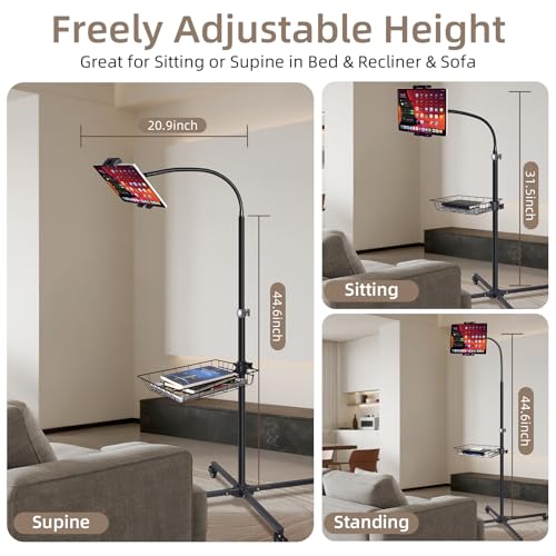 Premium Rolling Tablet Floor Stand with Heavy Duty Industrial Wheels & Storage Basket, Tall Adjustable iPad Stand Floor on Wheels, Universal Mount Holder for iPad Pro, Air, Mini, Phone