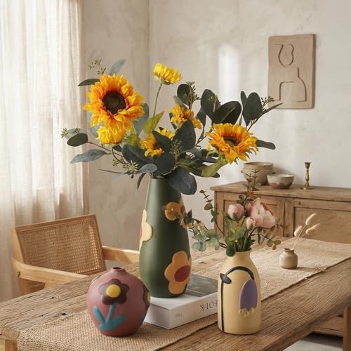 Vintage Ceramic Vase, Minimalist Texture Stone Patterned White Flower Vase, Decorative Vase for Living Room Shelf Farmhouse Dining Table Centerpiece Decor (Colorful Rustic-3 Pack)