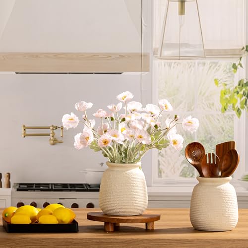 Ceramic Flower Vase, 7.48 Inch White Rustic Farmhouse Decorative Vase Pottery Wide-Mouth Vases for Home Decor Table Living Room Entryway Mantel Bookshelf Bedroom Bathroom Kitchen - color: 7.5“ H - White