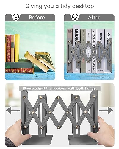 Honagu Adjustable Bookends, Metal Book Ends for Shelves Heavy Book, Desk Magazine File Organizer for Home, Office, Books, Papers, Extends up to 19 inches, for Students,Teachers (Grey) - color: Gray