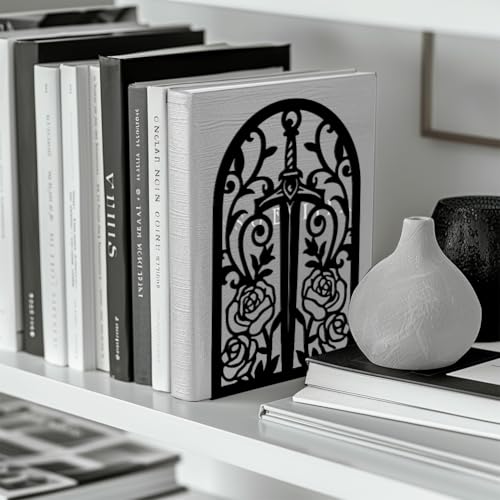 Peacoblue Metal Bookends for Shelves, Modern Decorative Heavy Duty Study Book Support Stoppers for Office, Desk, Shelf, Room 5.3"x4.3"x7.9" Cast Iron Tall Bookends, 1 Pair (Sword with Vine and Rose) - style: Sword with Vine and Rose