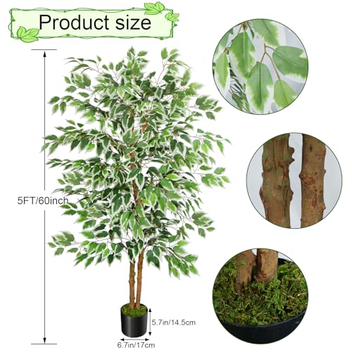 GTIDEA 2 Pcs 5ft Ficus Artificial Trees, Tall Faux Trees with Natural Trunk, Fake Silk Tree Artificial Plants for Home Decor Indoor Living Room Outdoor Balcony House Office (Included Dried Moss) - color: 5ft-2packs