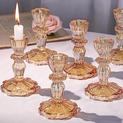 Glass Candlestick Holders Bulk, 6PCS Gold Taper Candle Holders for Table Centerpiece, Gold Tall Candle Stick Holder Stand for Wedding Decorations, Birthday, Christmas Table Decor - color: Gold, size: Flower
