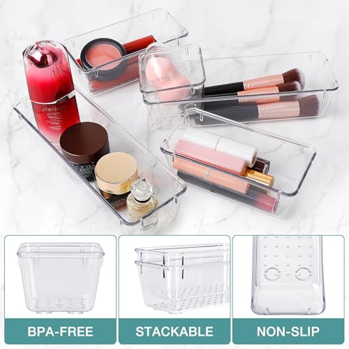 StorMiracle 16 PCS Drawer Organizer Set, 5 Varied Size Bathroom and kitchen Drawer cabinet organizer Trays, Clear Storage Bins for Makeup, Jewelry, Utensils and Gadgets - color: Clear, size: 16 PCS