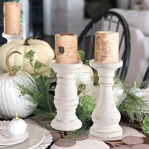 CedarLux Rustic Pillar Candle Holder, 8.5 Inch Tall White Wooden Candlestick Holders, Farmhouse Candle Stands for Pillar Candle, Decorative Wood Candlestick Holders for Living Room, Table Centerpiece - size: 8.5"H