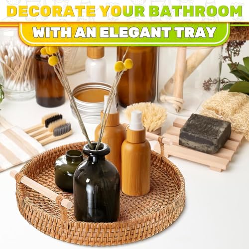 Rattan Tray 8.7-Inch Round – Woven Serving Basket with Handles – Holidays Romantic Decorative Tray for Coffee Table, Bread, Fruit, Vegetables, Restaurant & Home Use Charming Styling Coffee Table Decor