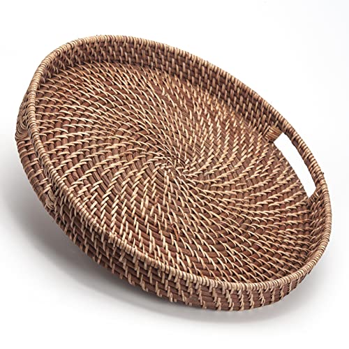 Round Rattan Woven Serving Tray with Handles Ottoman Tray for Breakfast, Drinks, Snacks for Coffee Table, Home Decorative (Honey Brown, 13.8"x2") - size: 13.8"
