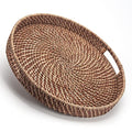 Round Rattan Woven Serving Tray with Handles Ottoman Tray for Breakfast, Drinks, Snacks for Coffee Table, Home Decorative (Honey Brown, 13.8"x2") - size: 13.8"