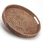 Round Rattan Woven Serving Tray with Handles Ottoman Tray for Breakfast, Drinks, Snacks for Coffee Table, Home Decorative (Honey Brown, 13.8"x2") - size: 13.8"