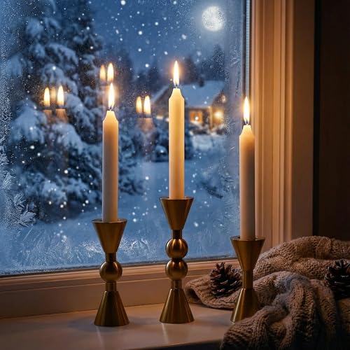 Saoweisi Gold Candlestick Holders, Set of 3 Brass Taper Candle Holders, Decorative Candle Holder, Suitable for Weddings, Holidays, and Table Decorations, Party - color: Gold