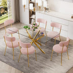 7 Piece Rectangular Glass Dining Table Set, 63'' Modern Kitchen Table Set Gold Base with 6 Luxury Pink Gold Boucle Dining Chairs, Dining Table and Chairs for Home, Apartment - color: Golden+pink Gold Chairs, size: 63'' + 6 Chairs