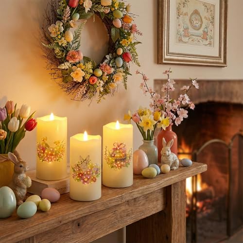 Eywamage Fiber Optic Spring Flameless Candles with Remote, Flickering Easter LED Pillar Candles Battery Operated Set of 3 - color: Easter
