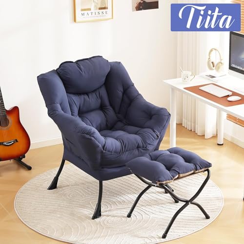 Tiita Lazy Chair with Ottoman, Navy Modern Large Accent Chair, Comfy Leisure Sofa Armchair with Ottoman, Reading Chair with Footrest for Bedroom, Living Room, Dorm Rooms, Navy - color: Peach Skin Navy