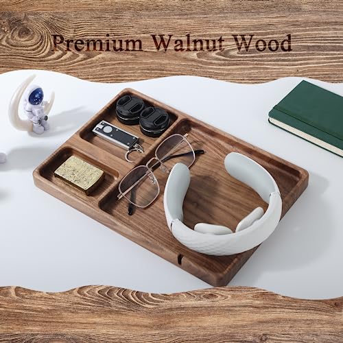 Walnut Wooden Valet Tray – Bedside Table Organizer for Men Dad, Edc Catch All Tray with Cable Slot (11.4 x 7.9 x 0.8 Inch)