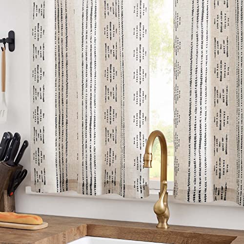 jinchan Boho Kitchen Curtains Linen Tier Curtains Bohemian Cafe Small Drapes Striped Mudcloth Farmhouse for Bathroom RV Camper Light Filtering Rod Pocket 2 Panels Black on Beige - color: Boho Black on Beige, size: 26"W x 24"L (Pack of 2)