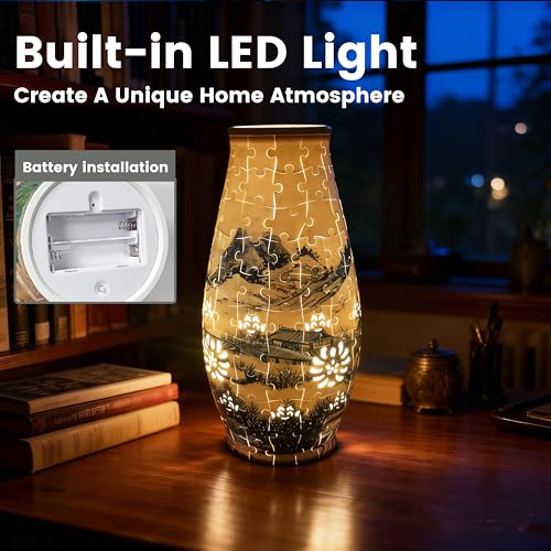 3D Puzzles for Adults Unique Flower Vase,LED Lamp 3D Puzzle Vase Crafts for Adults DIY Gift Home Office Decor Table Centerpiece - color: Vintage Blue