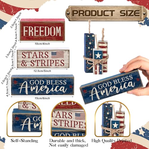 CroBlissful 4 Pcs 4th of July Decorations Patriotic Memorial Day Tabletop Decorations Red White Blue Table Centerpieces Sign for Office Tiered Tray Home Shelf 250th Anniversary(Freedom) - style: Freedom