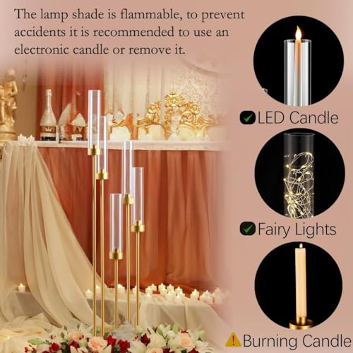 6PCS 5 Arm Candle Holder for Wedding Table,39.4'' Tall Gold Floor Candelabra with Acrylic Lampshade for Birthday Party Home Decoration,Fit LED Taper Candles - color: Gold, size: 6pcs
