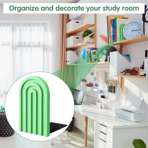 Harloon 4 Pcs Boho Arch Wooden Bookends, Decorative Rainbow Book Stoppers with Non-Slip Metal Base, 5x3x4 Inches, Cute Shelf Decor for Heavy Books, Home Office Study Desk Organizer(Green Color) - color: Green Color