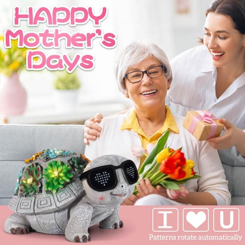 Unique Solar Garden Turtle Statue with I Love You LED Sunglasses and Succulent LED Lights, Lawn Decor Tortoise Figurine for Patio, Balcony Yard Ornament for Mom, Women & Grandma - style: Turtle