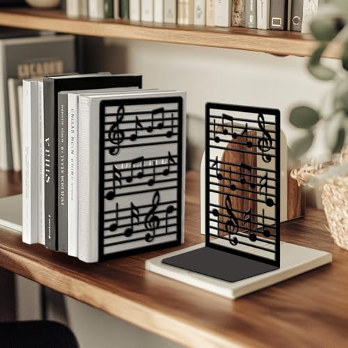 Peacoblue Metal Bookends for Shelves, Modern Decorative Heavy Duty Study Book Ends Stoppers for Office, Desk, Shelf, Room 5.3"x4.3"x7.9" Cast Iron Simple Tall Bookends 1 Pair (Music Notes and Staves) - style: Music Notes and Staves
