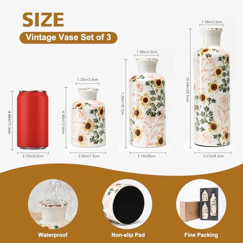 Vintage Ceramic Flower Vase Set of 3, Rustic Farmhouse Vase for Home Decor, Distressed Decorative Vase for Table Entryway Mantel Centerpiece Living Room Bathroom Bedroom (Sunflower Crackle) - color: 110-sunflower Crackle