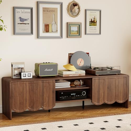 Modern 63" TV Stand, Wood Entertainment Center with Sliding Doors, Media Console for TVs Up to 70", TV Stand for Living Room, Walnut - color: Walnut