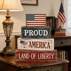 4Pcs 4th of July Decorations Red White and Blue Wood Blocks Patriotic Tiered Tray Decor Farmhouse Style Table Centerpiece for Office Memorial Day Shelf 250th Anniversar - style: Americana