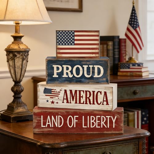 4Pcs 4th of July Decorations Red White and Blue Wood Blocks Patriotic Tiered Tray Decor Farmhouse Style Table Centerpiece for Office Memorial Day Shelf 250th Anniversar - style: Americana