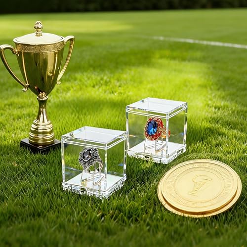 Championship Ring Display Case, Clear Acrylic Challenge Coin Holder Small Showcase with Mini Card Stand Holder, Memorabilia Box for Baseball, Super Bowl, Football Ring, Collectibles Jewelry (32)