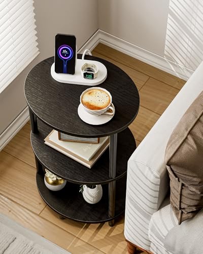 Small Round Side Table - 3-Tier Oval Accent Table for Small Spaces, Rustic Wood and Metal Nightstand for Living Room or Bedroom, Built-in USB Ports and Power Outlet, Charcoal Wenge - color: Charcoal Wenge, size: 1-Pack, style: Includes Power Outlets