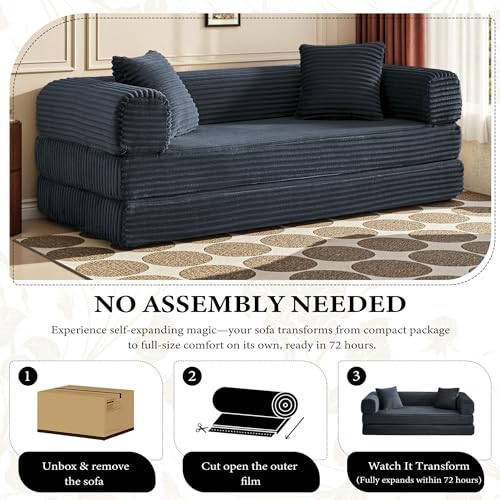 Boneless Couch Versatile Couches for Living Room No-Install Sofa Bed Corduroy Futon Soft Cloud Couch with Pillows for Bedroom Game Movie (Dark Gray, 76") - color: Dark Gray