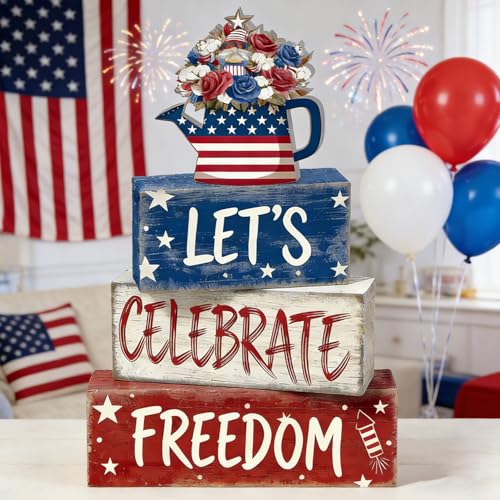 4th of July Table Decorations Patriotic Memorial Day Tiered Tray Decor Wooden Freedom Block Signs Independence Farmhouse 250th July Fouth Centerpiece for Tables Wooden Sign for Home Decor - style: Freedom