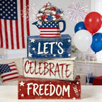4th of July Table Decorations Patriotic Memorial Day Tiered Tray Decor Wooden Freedom Block Signs Independence Farmhouse 250th July Fouth Centerpiece for Tables Wooden Sign for Home Decor - style: Freedom